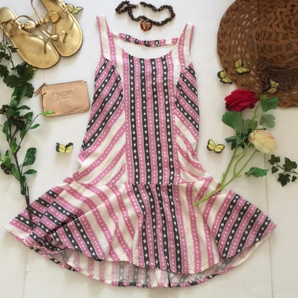 Free People Pink and Black Striped Ruffle Hem Peplum Tank